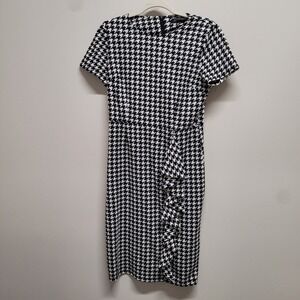 Oxiuli Fashion Womens Houndstooth Ruffle Sheath Dress Black White Short Sleeve M